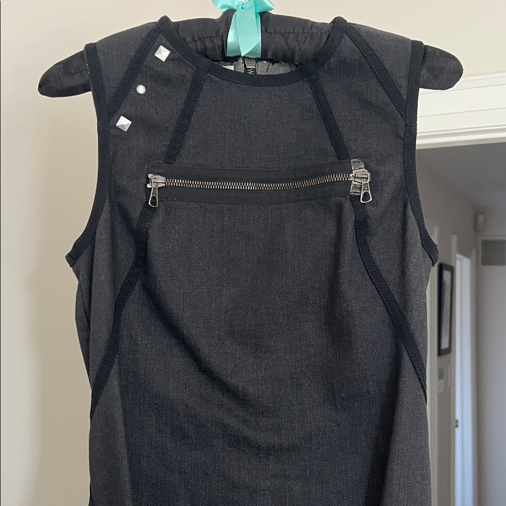McQ by Alexander McQueen Black Denim Midi Dress with Zipper Detail - Picture 11 of 11
